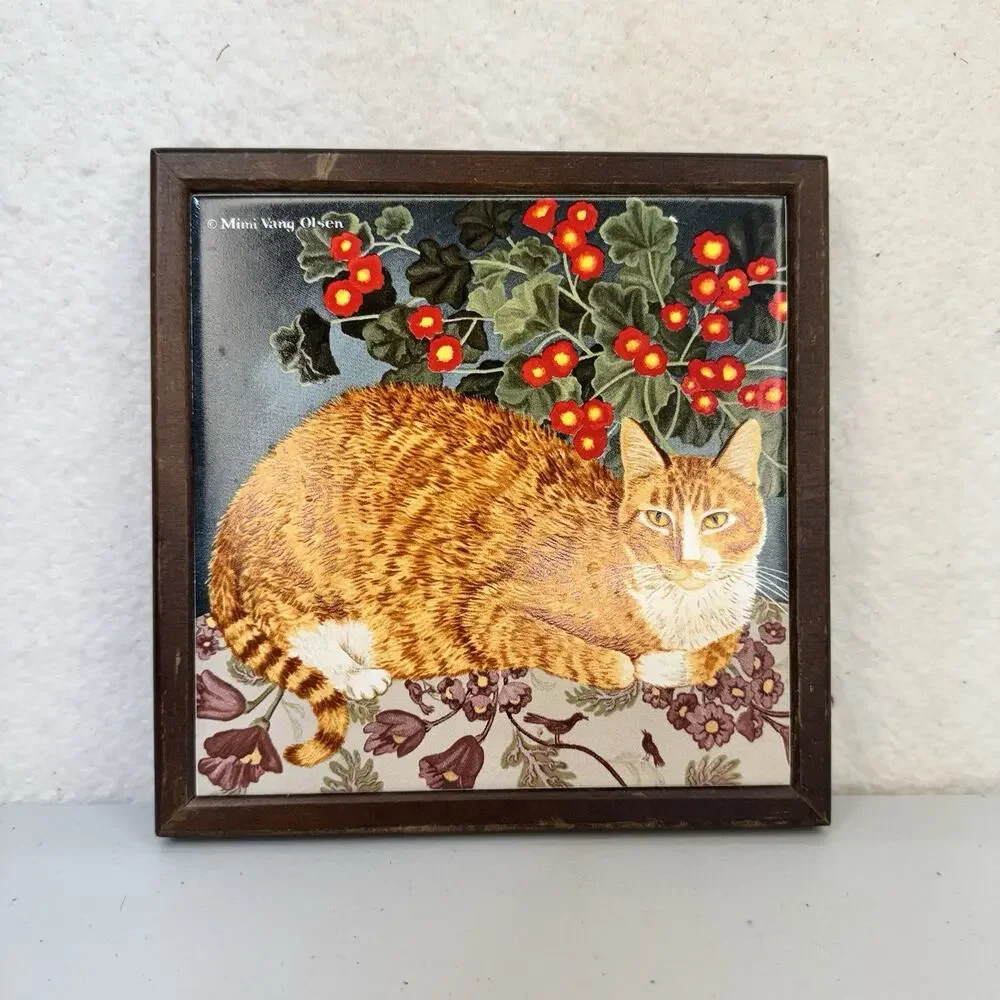 Mimi Vang Olsen Orange Tabby Cat Ceramic Tile Trivet Wood Frame VTG Kitchen Deco